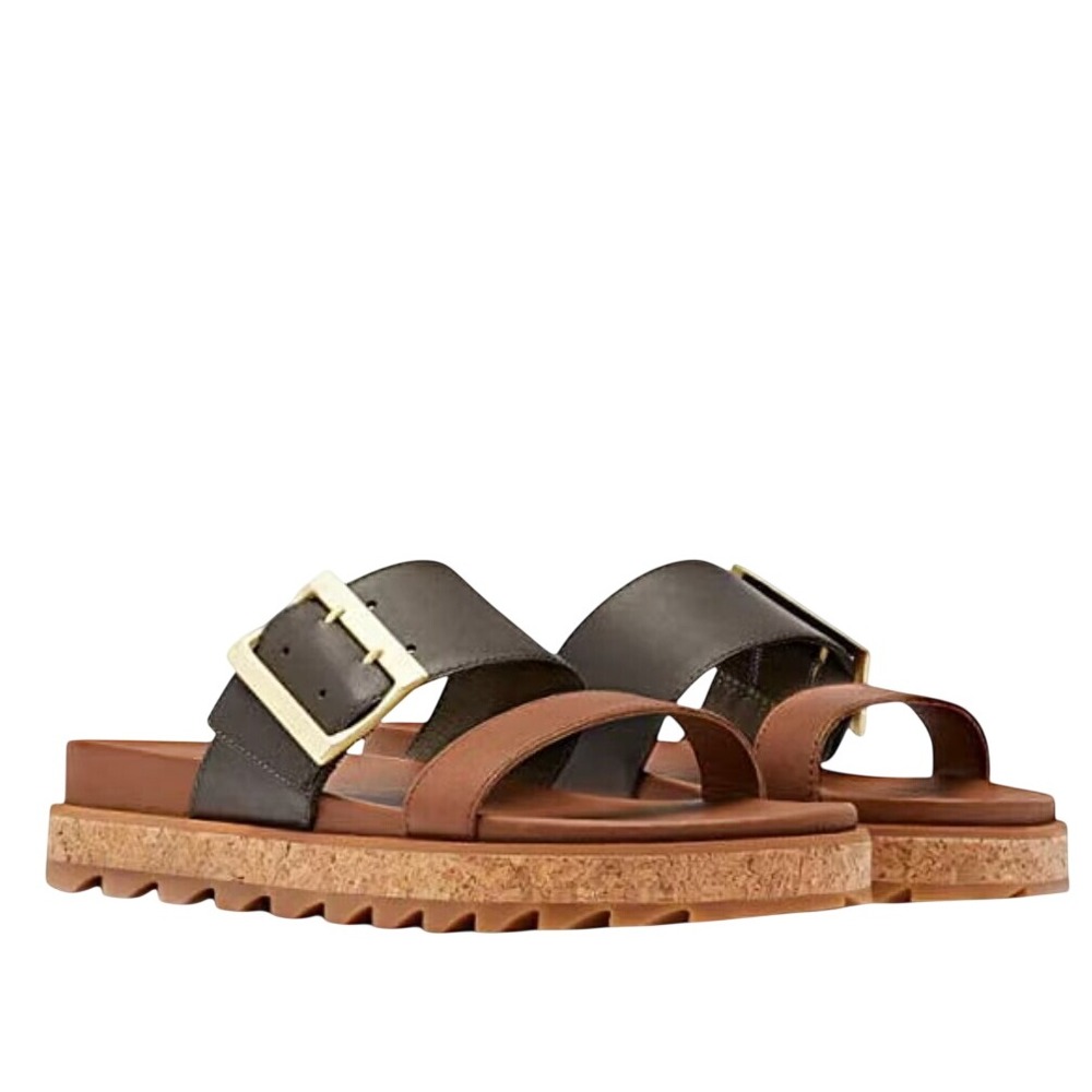 Sorel Roaming Buckle Slide Sandals Comfort Leather Platform Tan Brown Cork Sz 7